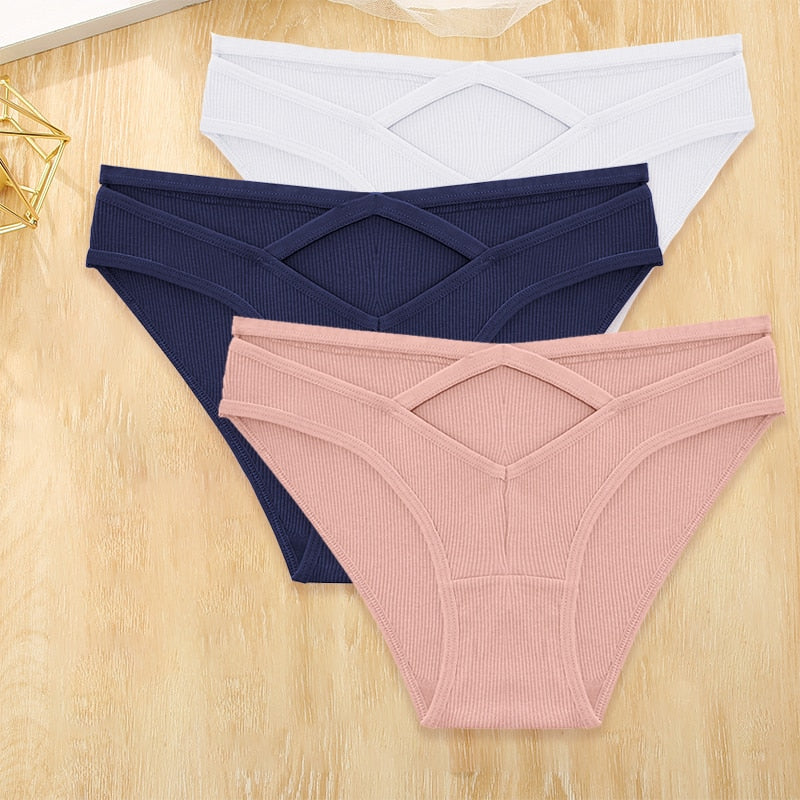 Three-pack cotton blend low-rise briefs from The Clothing Company Sydney, featuring front cross design and hollow-out details.