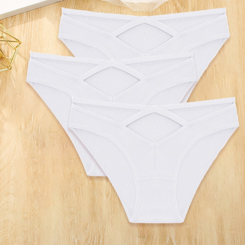 Three pack of low-rise cotton blend briefs from The Clothing Company Sydney with front cross design and hollow-out details.