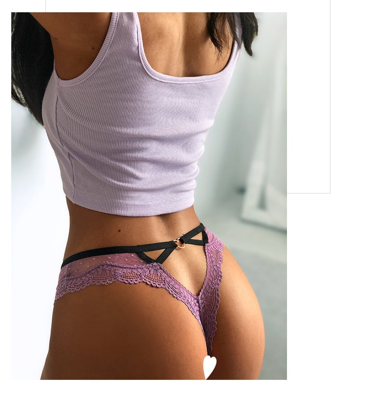 Lace low waist panties by The Clothing Company Sydney featuring hollow back, transparent mesh, G-string thong lingerie.