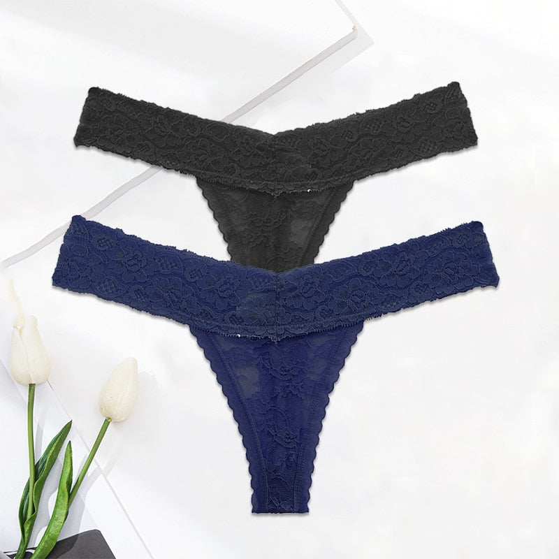 Two lace G-string thong panties with floral design from The Clothing Company Sydney, featuring transparent lingerie briefs for women.