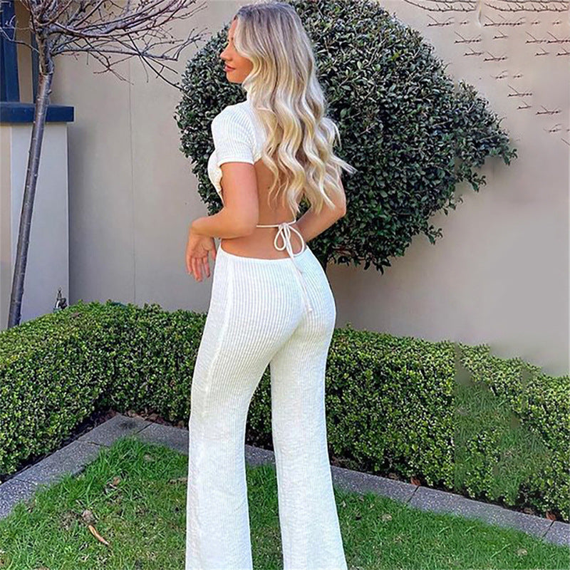 Cotton backless cutout bandage jumpsuit with flare pants from The Clothing Company Sydney, perfect for club or party wear.