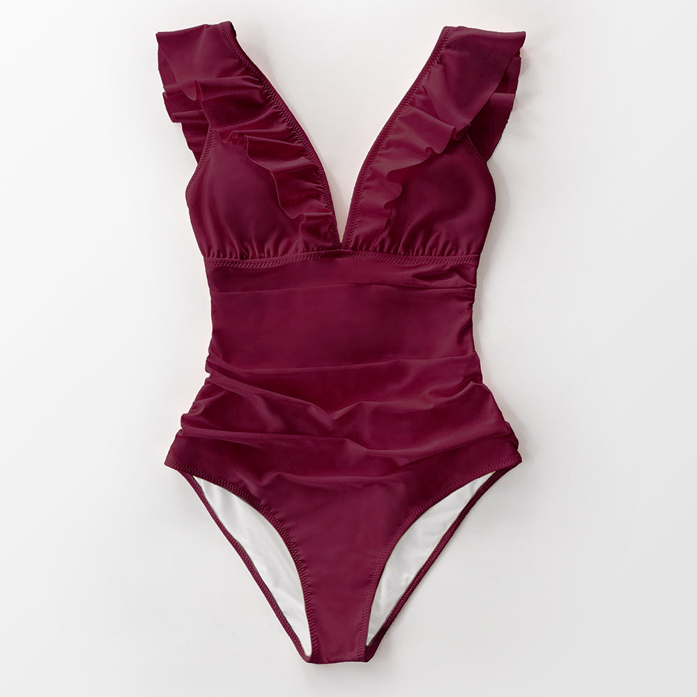 Solid black ruffled one-piece swimsuit with lace-up front from The Clothing Company Sydney, perfect for beach and poolwear.
