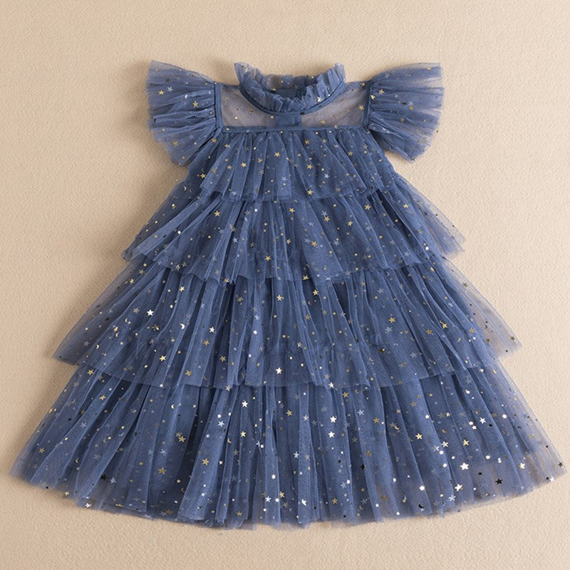 Kids girls’ summer princess beach dress by The Clothing Company Sydney with sleeveless tulle layers and floral cake design.