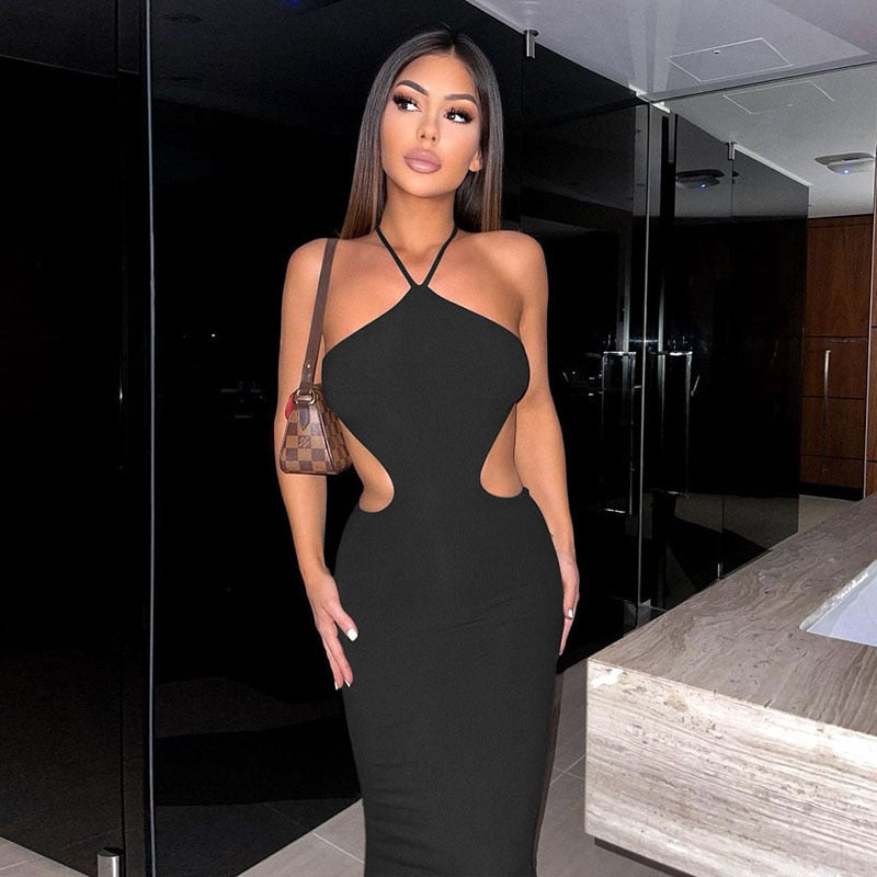 Elegant sleeveless summer halter maxi dress by The Clothing Company Sydney, backless design with cutout details, perfect for parties.