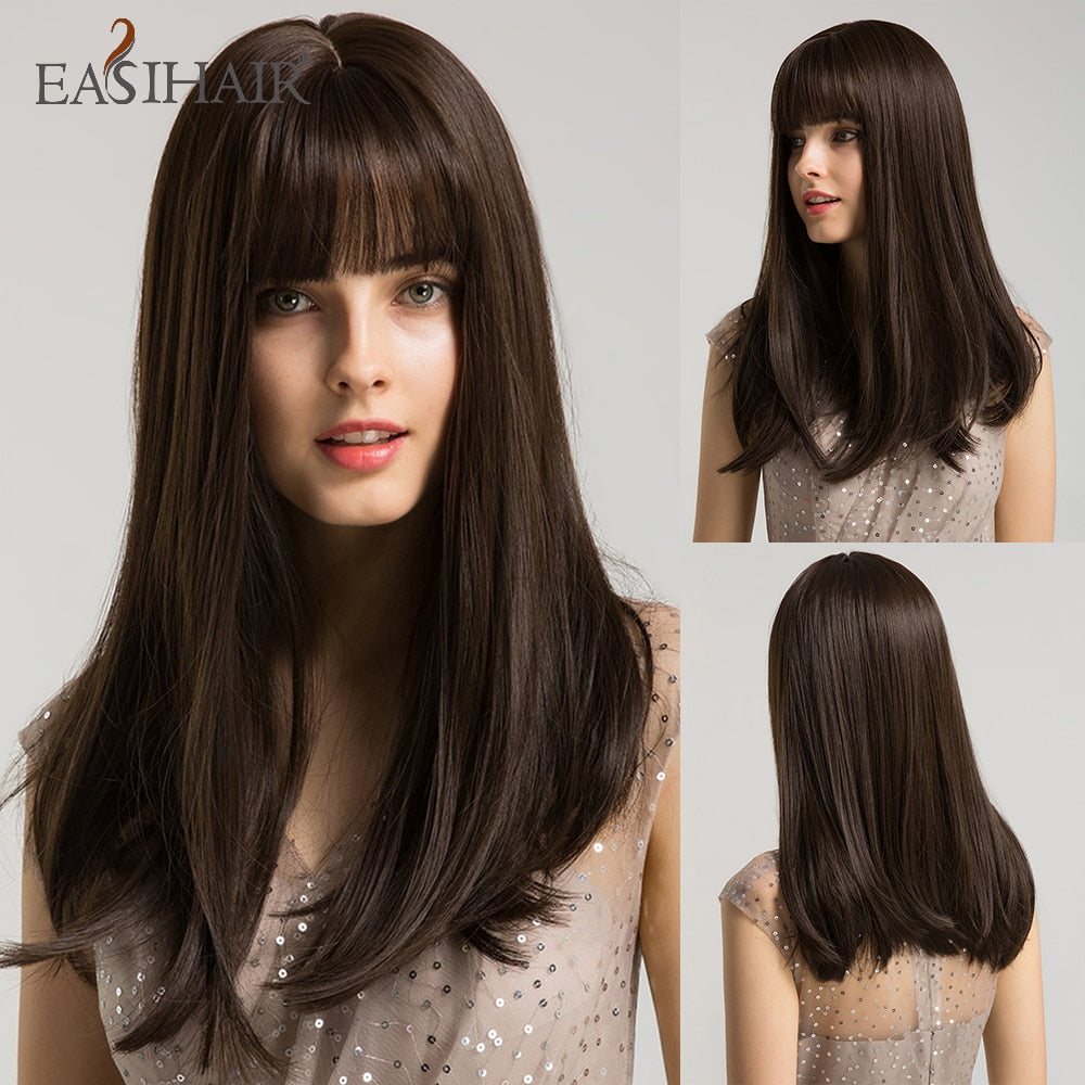 Brown straight synthetic wig with bangs, layered style, heat-resistant for women, suitable for daily wear, cosplay, or parties.