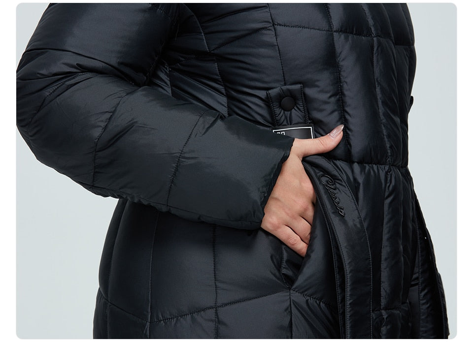 Long women's winter parka by The Clothing Company Sydney, warm plaid hooded coat with thick insulation and large size fit.