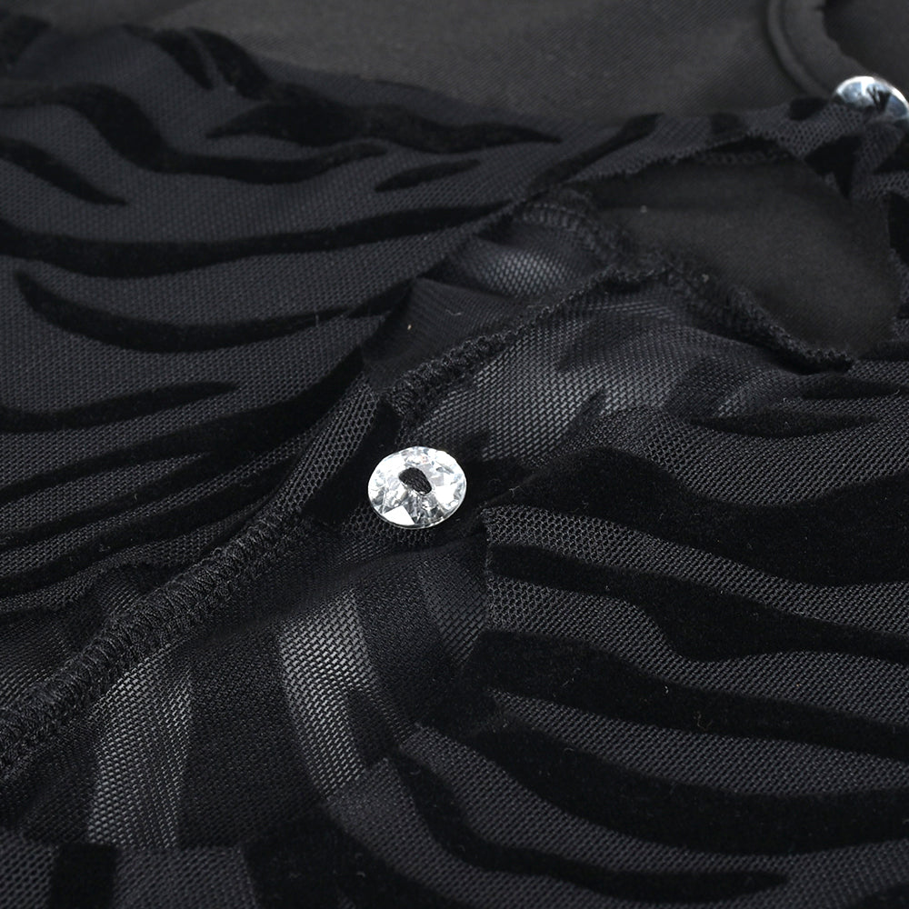 Black cut-out zebra mesh mini dress by The Clothing Company Sydney, featuring transparent panels for beach, party, or club wear.