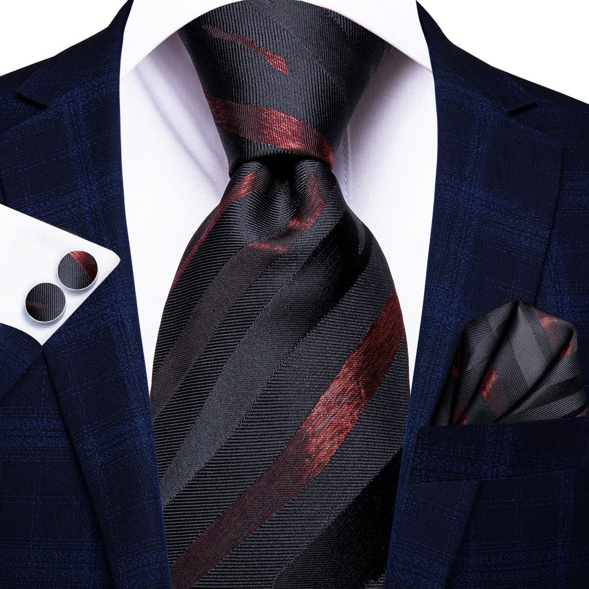 Set of blue and black striped silk necktie, pocket square, and cufflinks from The Clothing Company Sydney for business and formal wear.