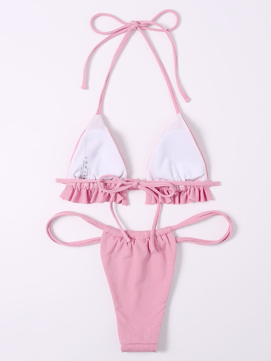 Ruffle swimsuit thong G-string micro bikinis set by The Clothing Company Sydney, featuring halter top and minimal swimwear design.