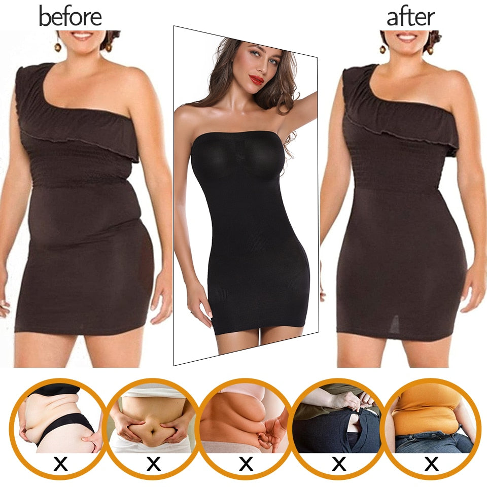 Women’s strapless shapewear slip from The Clothing Company Sydney, seamless full-body shaper with tummy control under dress.