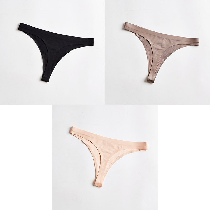 Three seamless ice silk thong underwear from The Clothing Company Sydney, featuring T-back G-string style in a comfortable lingerie design.