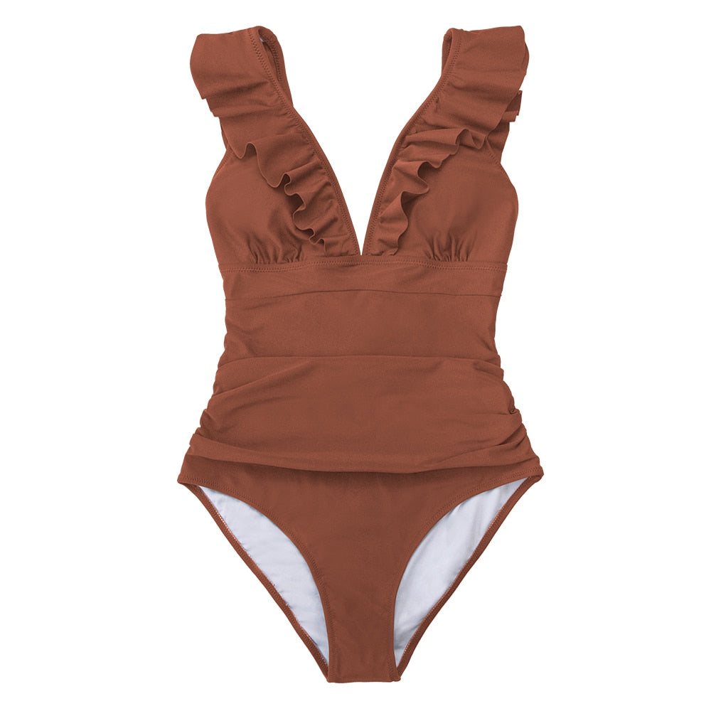 Black ruffled one-piece swimsuit by The Clothing Company Sydney with lace-up front, ideal for beach and swimming.