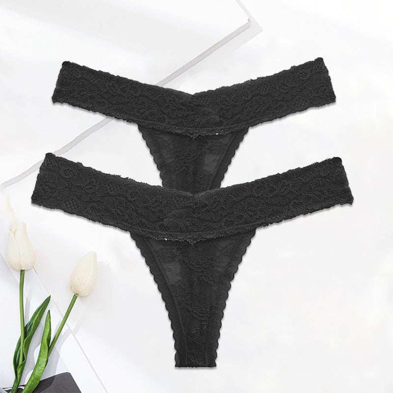 Two pack lace G-string thong panties with floral design, transparent underwear from The Clothing Company Sydney.