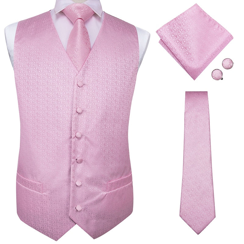 Men's luxury silk vest and tie set with paisley, floral, plaid patterns in blue, gold, red, and silver for wedding attire.