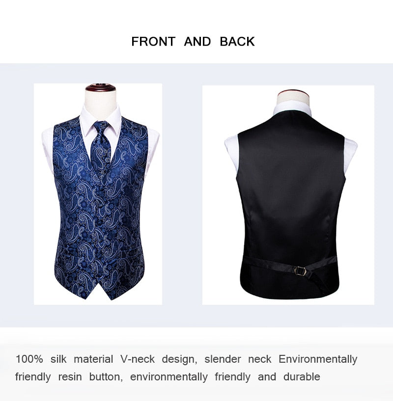 Men's luxury silk vest and tie set featuring paisley, floral, and plaid patterns in blue, gold, red, and silver for formal wear.