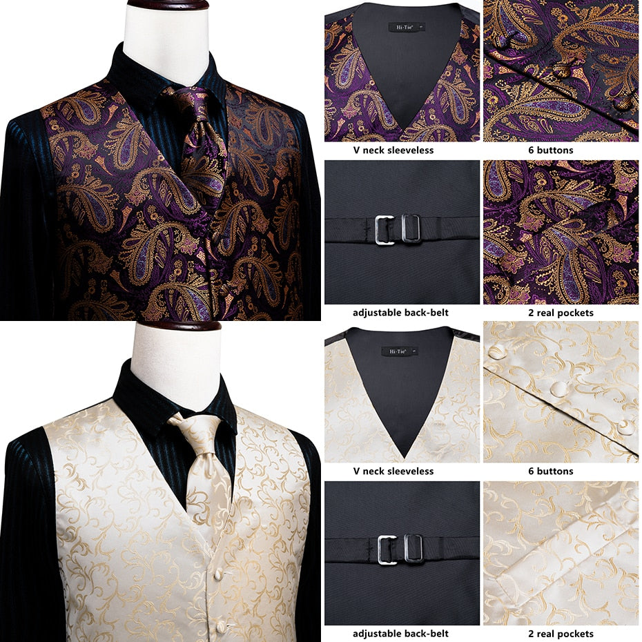 Luxury men's silk vest and tie set with paisley, floral, plaid patterns in blue, gold, red, and silver for wedding suits.