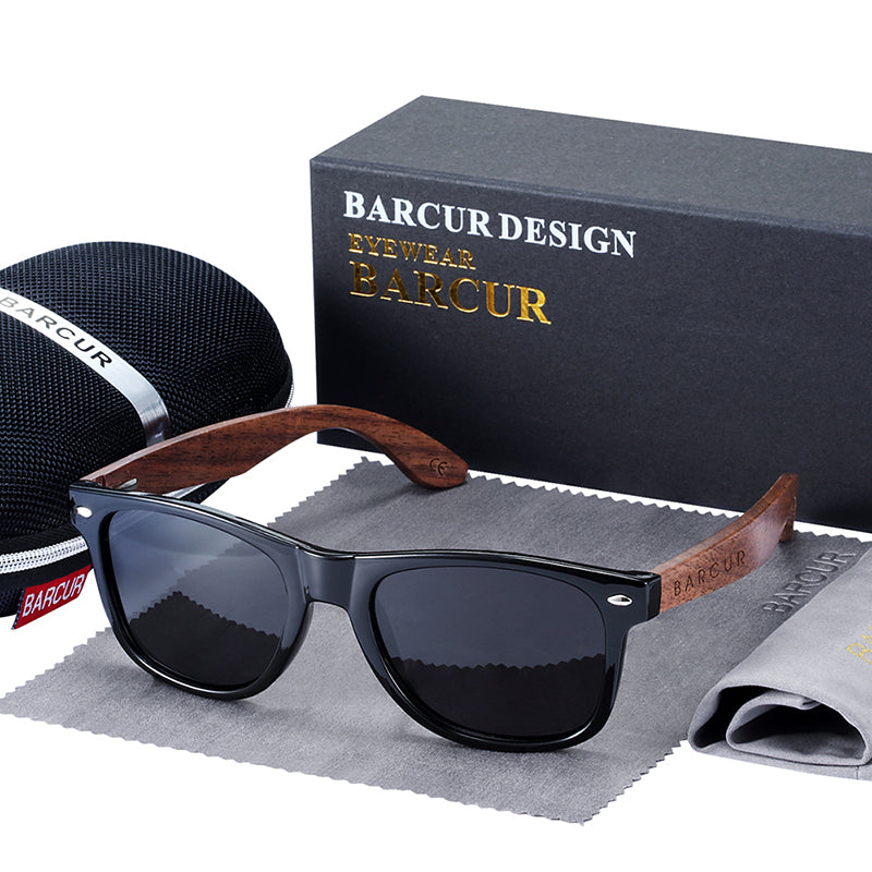 Black walnut wood designer polarized sunglasses for men with UV400 protection, stylish accessories by The Clothing Company Sydney.