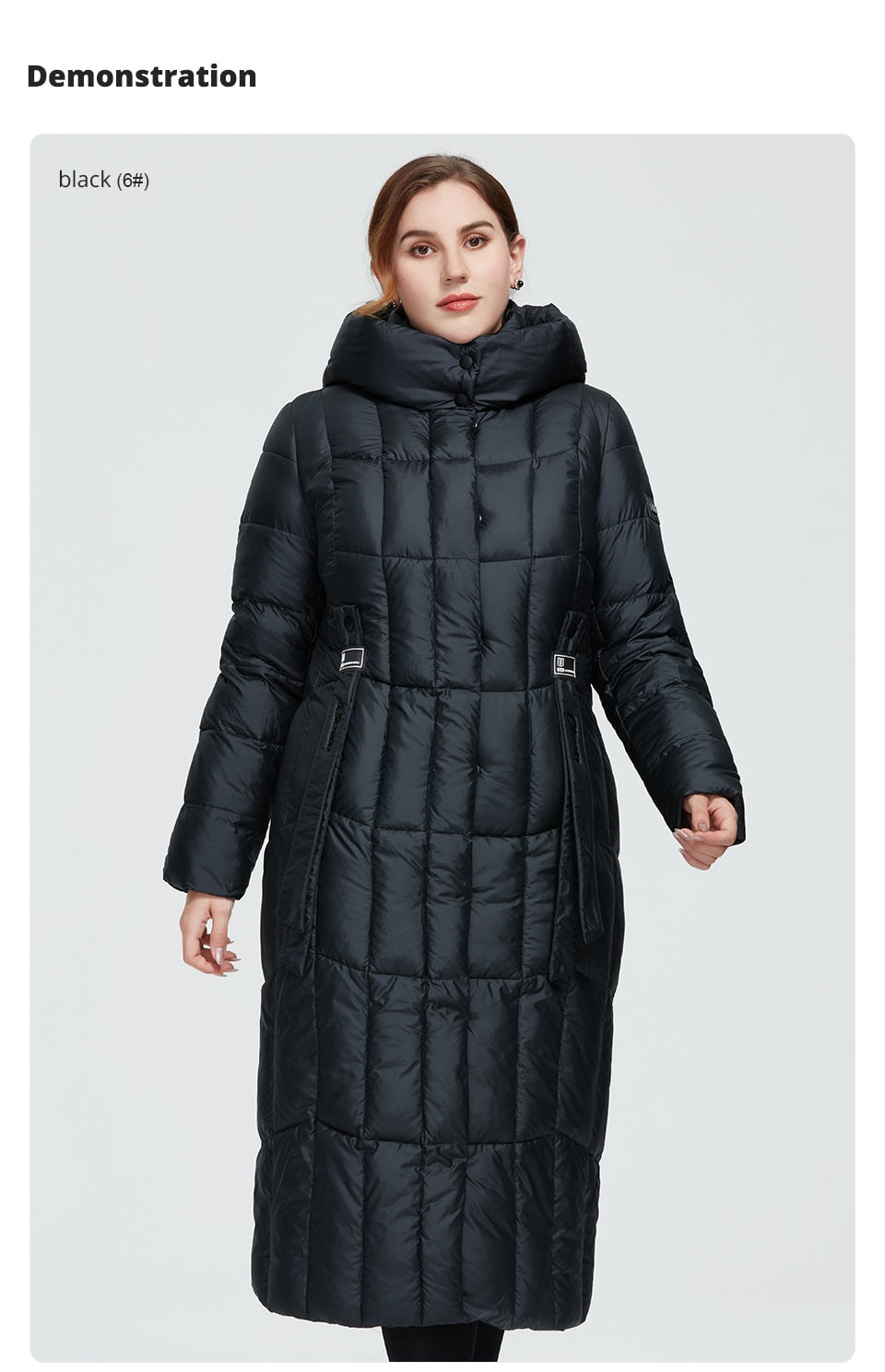 Long women's plaid winter coat by The Clothing Company Sydney, warm hooded parka with thick insulation and large sizes.