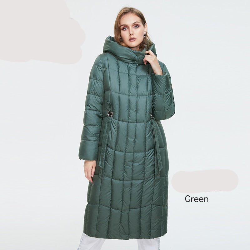 Long women's winter plaid parka jacket from The Clothing Company Sydney, featuring a hood and thick, warm design for large sizes.
