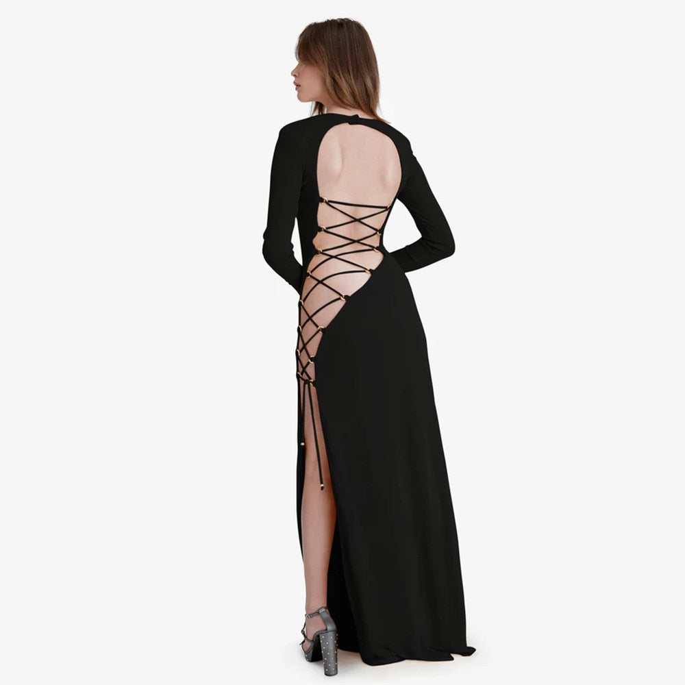 Elegant black bandage long sleeve backless maxi dress by The Clothing Company Sydney, featuring a sexy split for club or party wear.