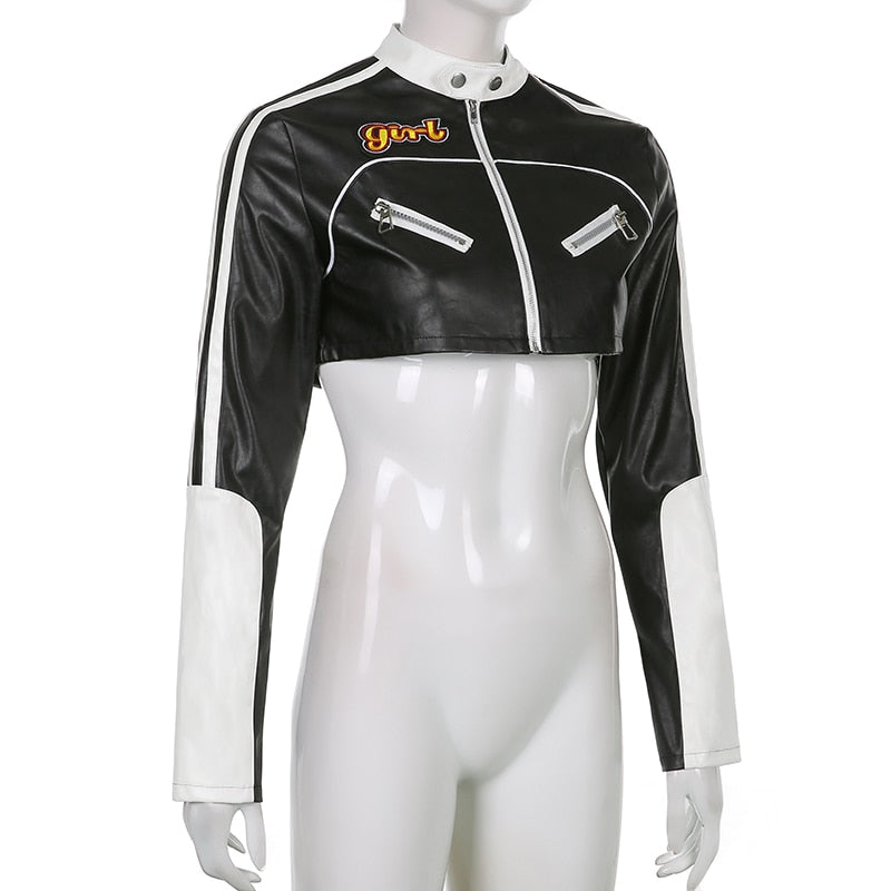Punk style patchwork cropped PU leather jacket for women with zippers, contrast colors, suitable for autumn and winter.