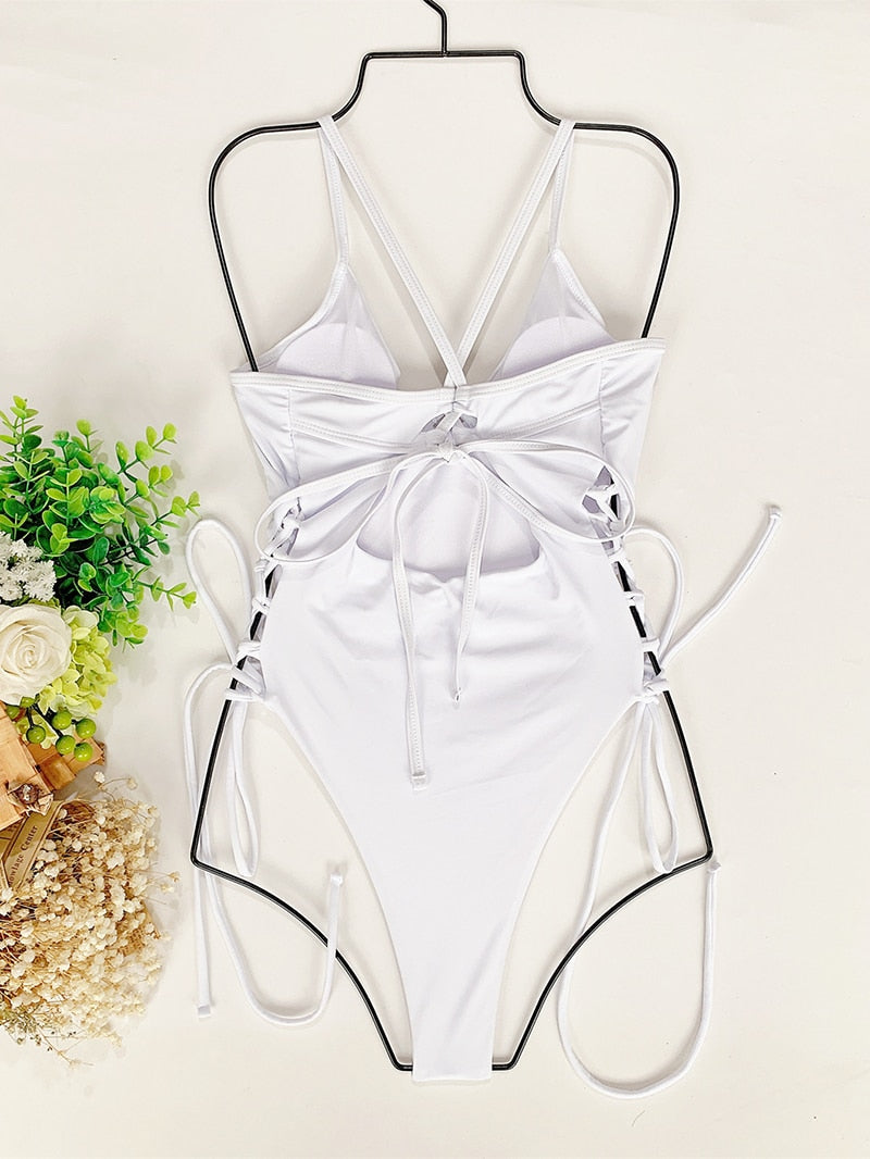 Backless bandage one-piece swimsuit by The Clothing Company Sydney, featuring cut-out details and a bodycon fit for beachwear.