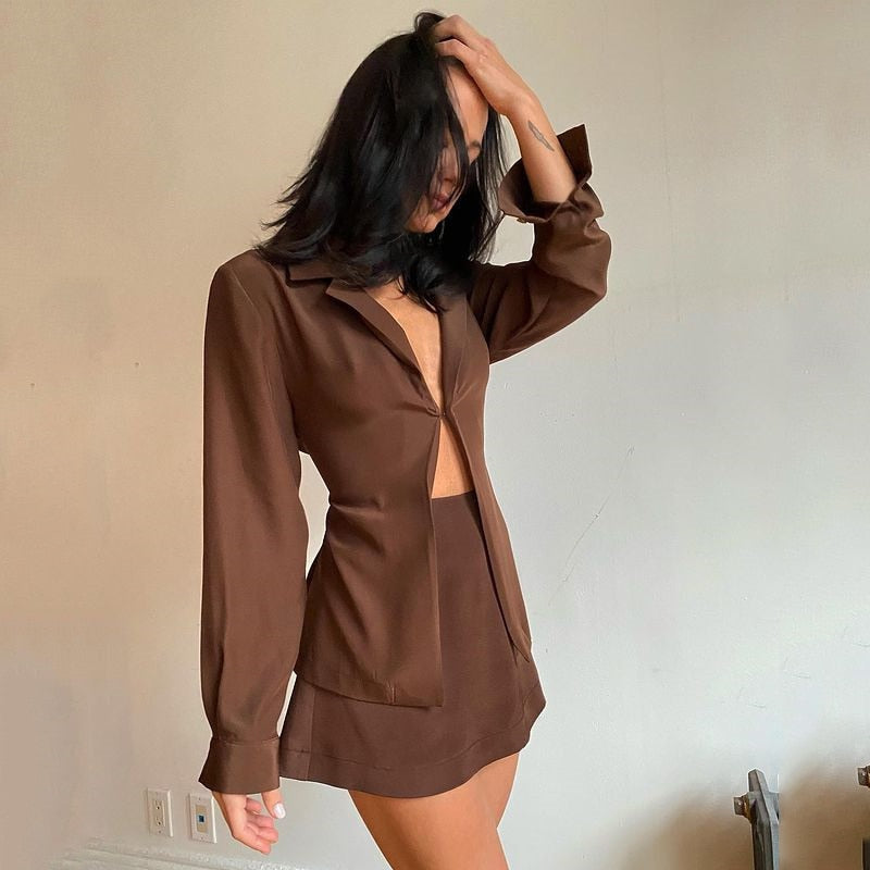 Brown long sleeve turn-down collar two-piece set with high waist skirt, slim fit office outfit for women by The Clothing Company Sydney.