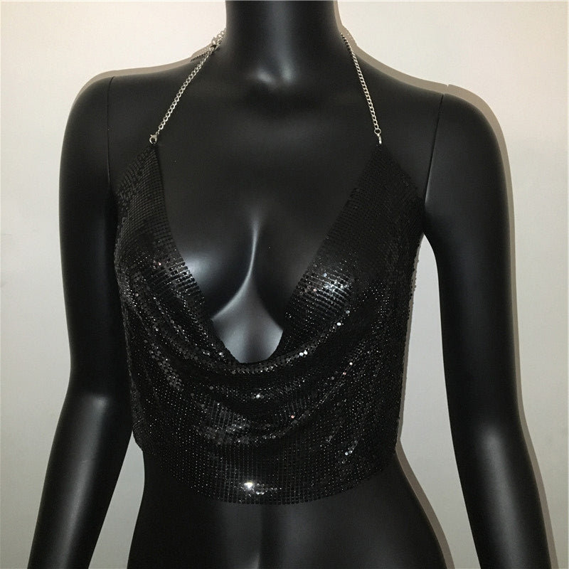 Metal sequined tank top by The Clothing Company Sydney, gold and silver backless cropped camisole with glitter for summer beach club wear