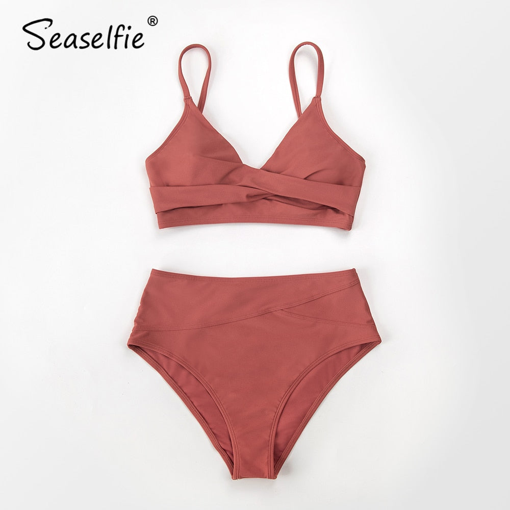 Red high-waist Twist Tank bikini set by The Clothing Company Sydney, featuring a V-neck swimsuit for beachwear and swimming.