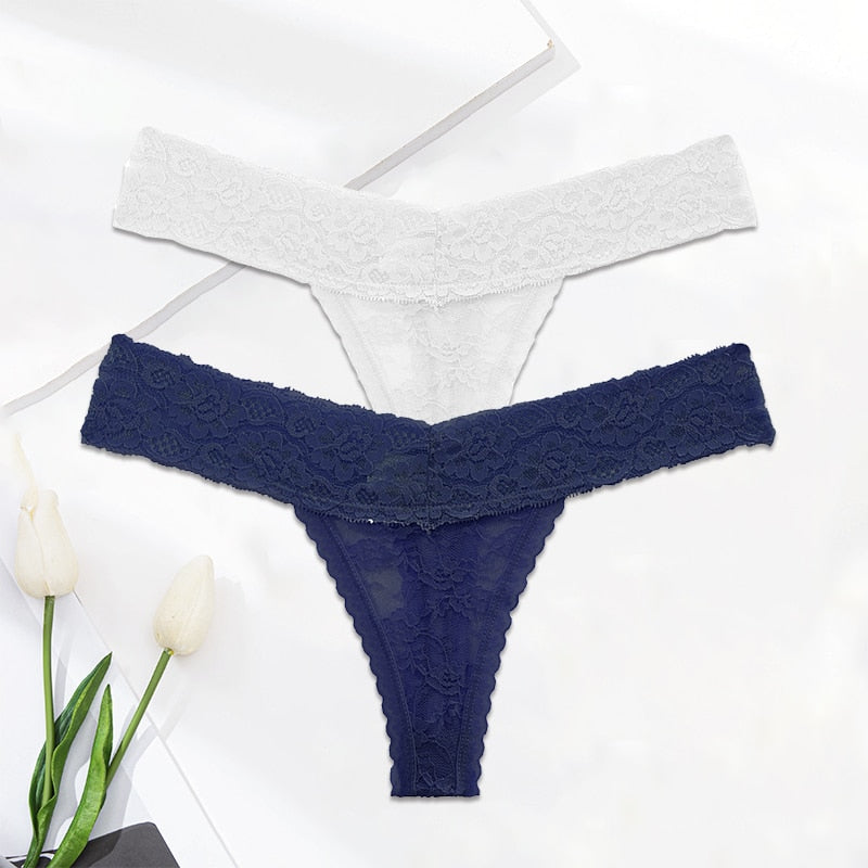 Two lace G-string thong panties from The Clothing Company Sydney, floral design, transparent lace lingerie briefs.