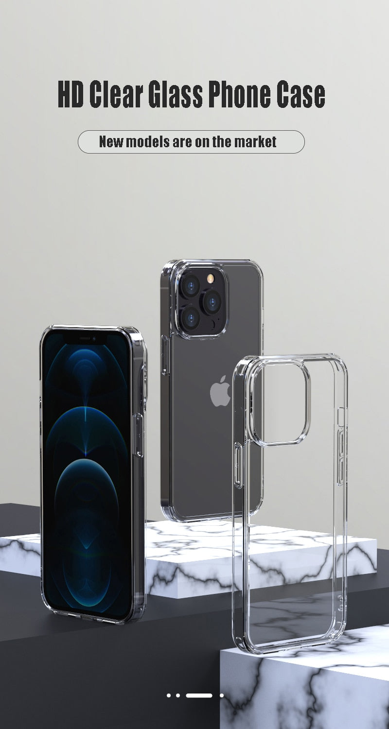 Transparent tempered glass phone case for iPhone 11, 12, 13, 14 Pro, XS Max, and more, showcasing clear hard protection.