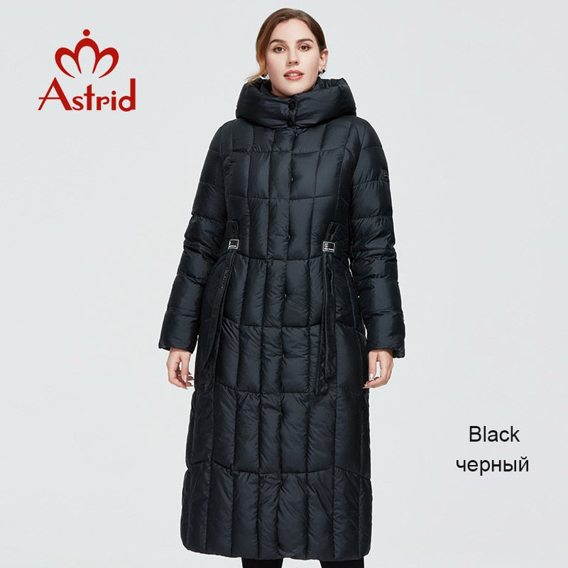 Long women's winter parka by The Clothing Company Sydney, plaid warm hooded jacket with thick insulation for large sizes.