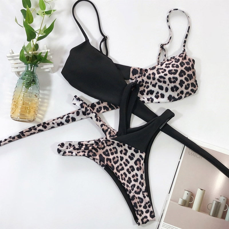 High waist bikini swimsuit by The Clothing Company Sydney showing a bandeau top and thong Brazilian style swimwear on a model.