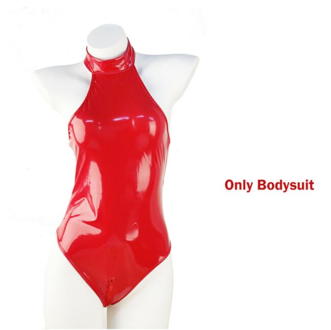 Glossy black PU leather lingerie bodysuit with open crotch, matching socks and gloves, wet look latex catsuit from The Clothing Company Sydney.