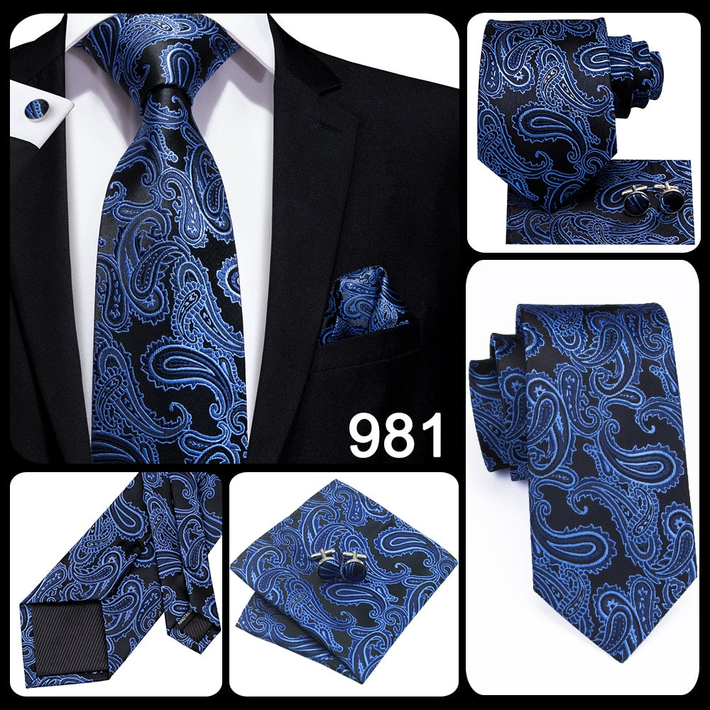 Blue silk business tie with dot pattern and plaid cufflinks, 150cm necktie set, stylish accessories for weddings and business attire.