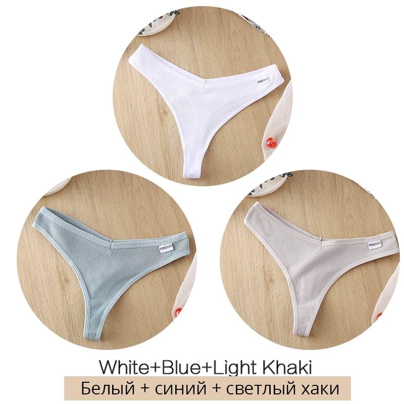 Set of three women's cotton mix thong panties with low waist G-strings and Brazilian style briefs, breathable and comfortable lingerie.