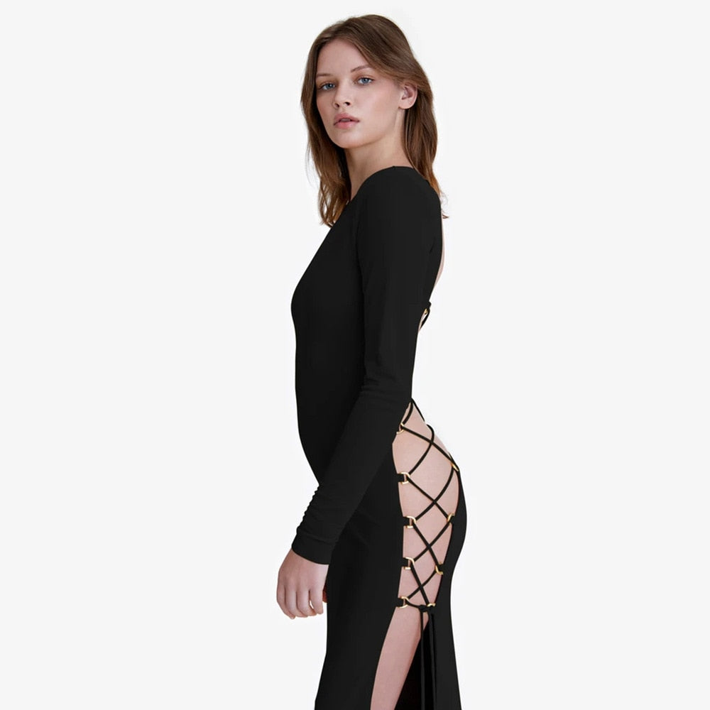 Elegant black fashion bandage long sleeve backless maxi dress with split, perfect for club or party occasions by The Clothing Company Sydney.