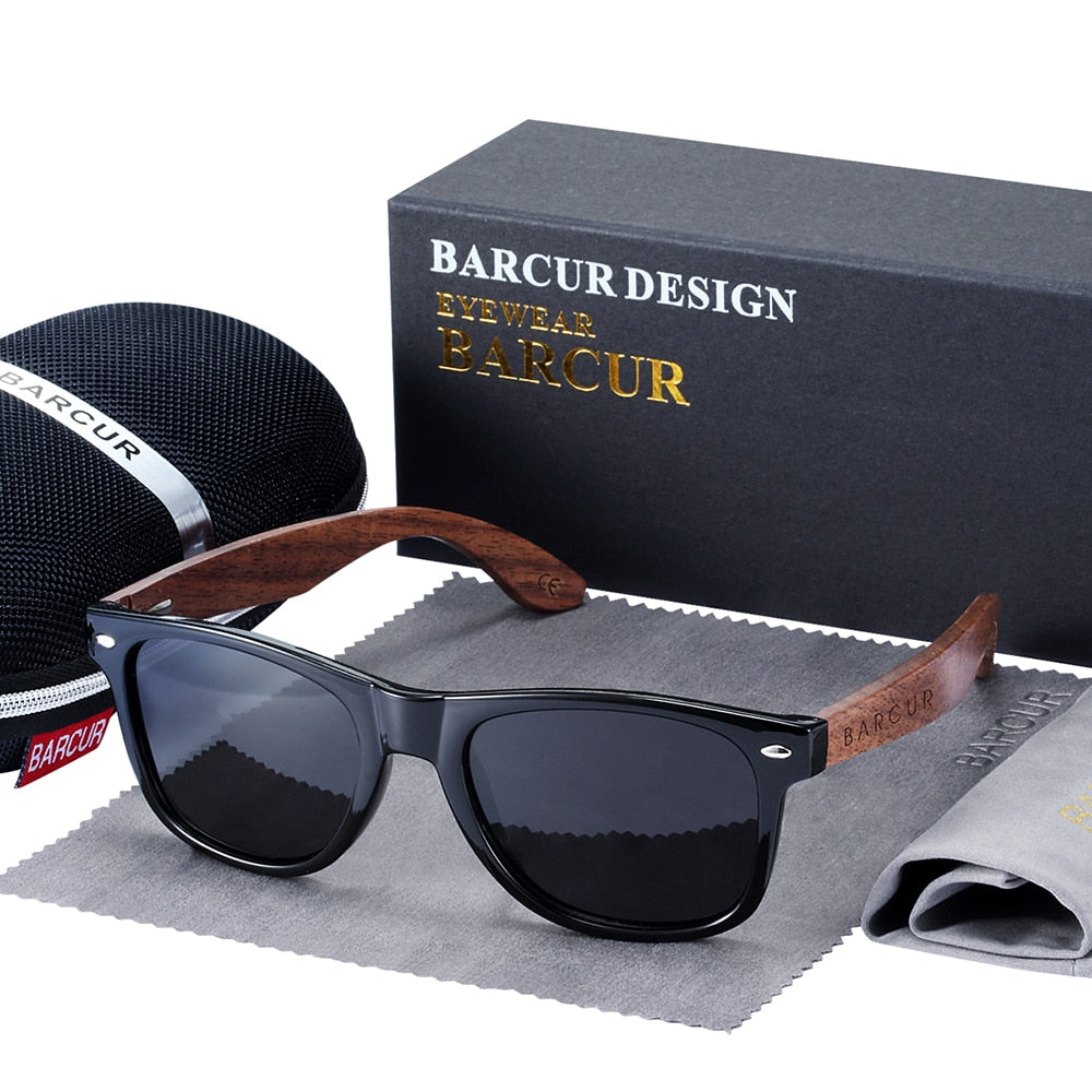 Black walnut wood designer polarized sunglasses for men with UV400 protection, stylish eyewear accessory from The Clothing Company Sydney