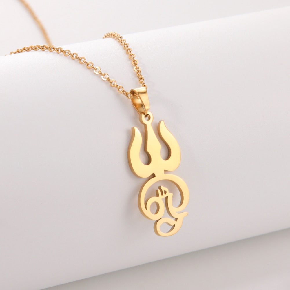 Stainless steel Tamil Om Aum symbol pendant with trident, vintage Shiva yoga necklace chain by The Clothing Company Sydney.
