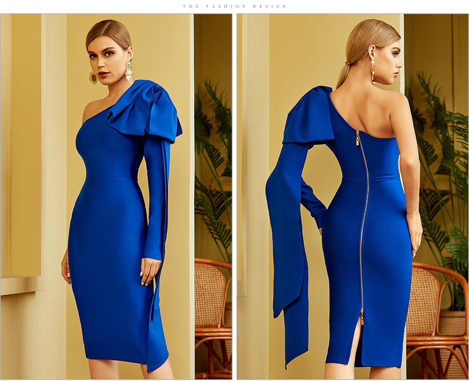 Winter one-shoulder bodycon bandage dress by The Clothing Company Sydney with long sleeves and a bow, perfect for evening parties.