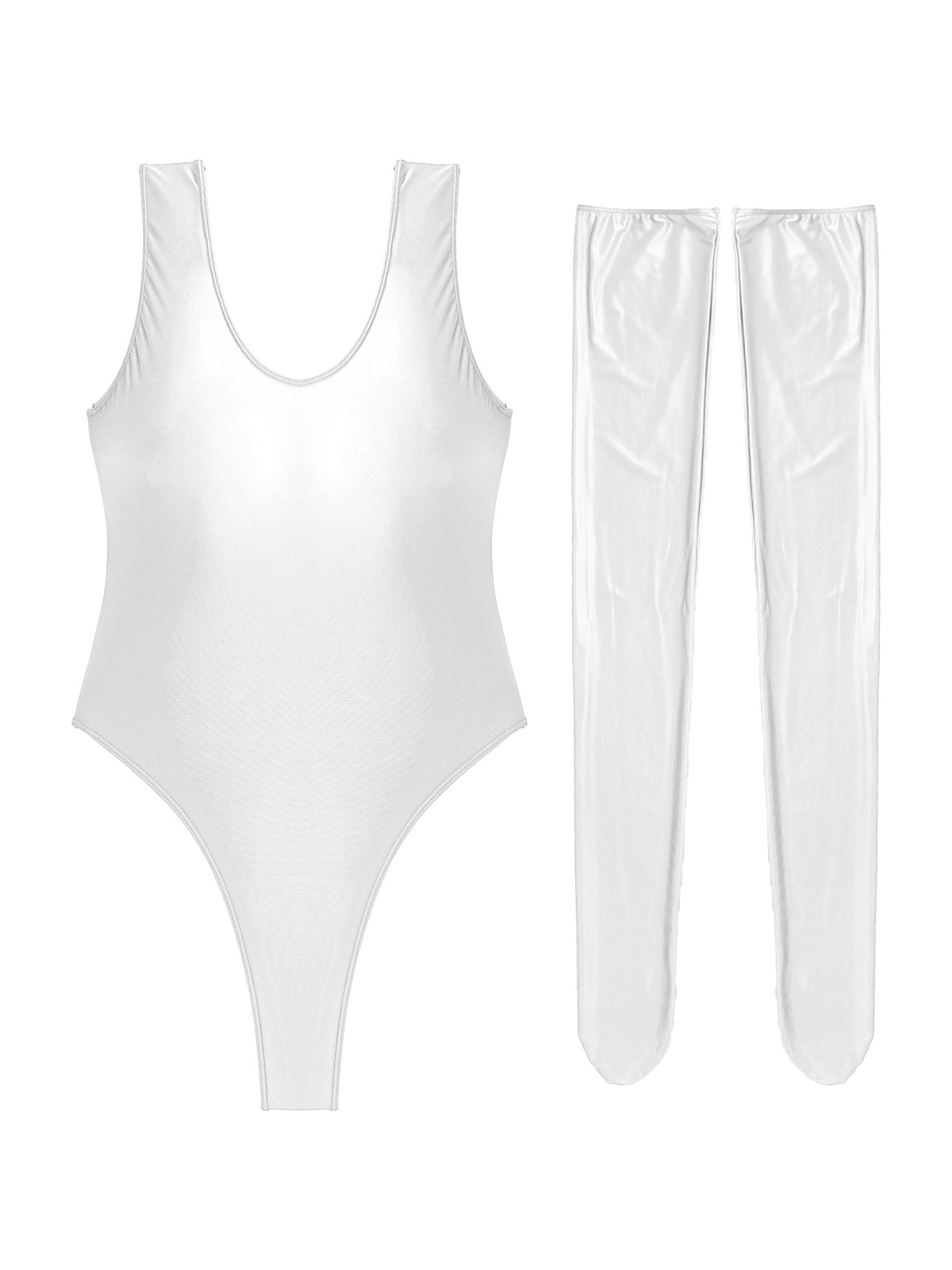 Women's glossy stretchy swimsuit by The Clothing Company Sydney, sleeveless, high-cut, slim fit bodysuit with stocking-inspired style.