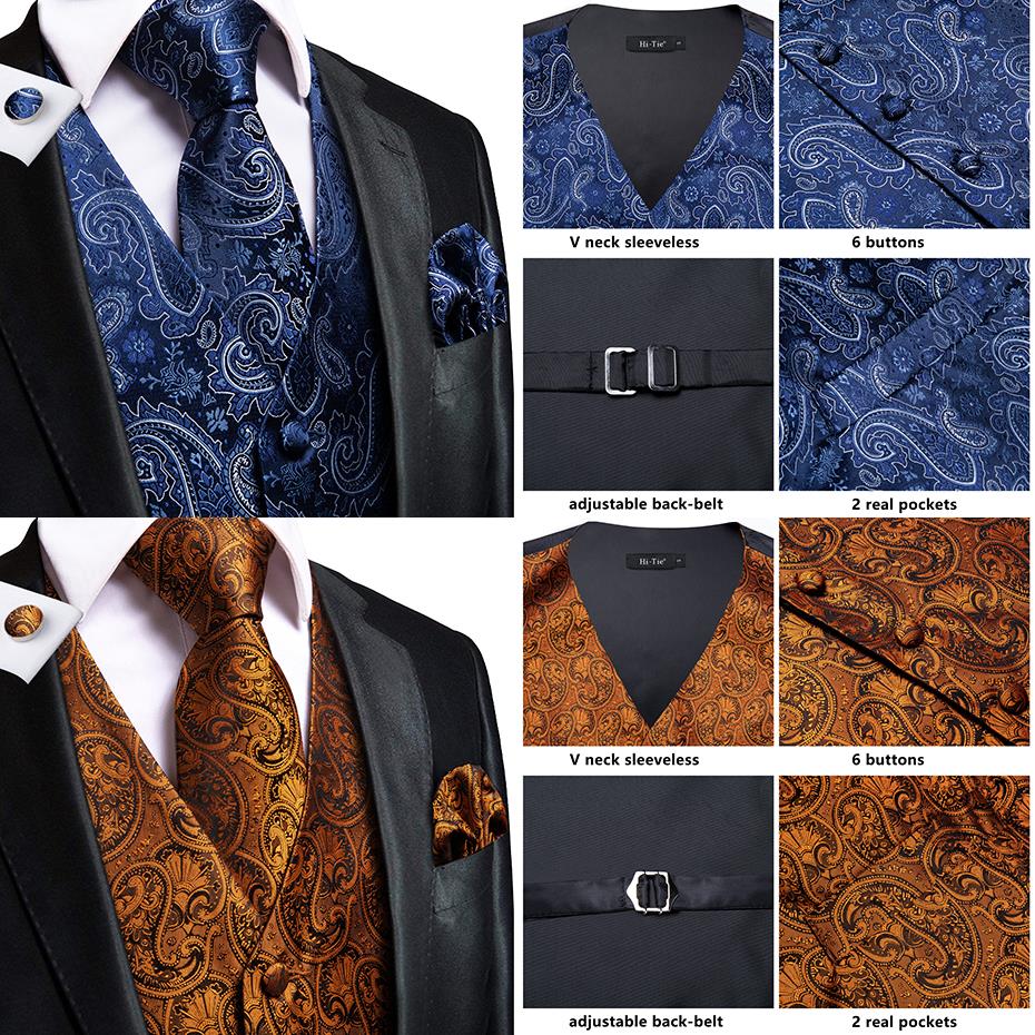 Men's luxury silk vest and tie set featuring paisley, floral, plaid patterns in blue, gold, red, silver for wedding attire.