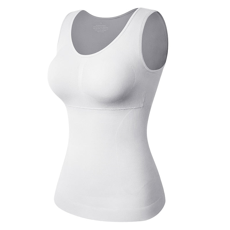 Shapewear tank top with built-in shelf bra, wide straps, sleeveless design, from The Clothing Company Sydney.