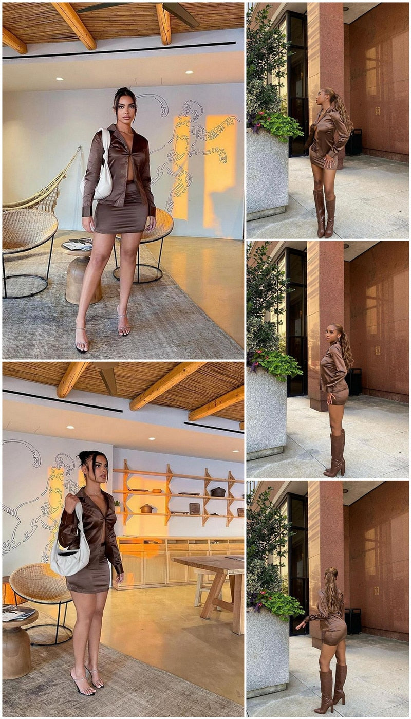 Brown two-piece dress with turn-down collar, long sleeves, high waist skirt, stylish office outfit for women by The Clothing Company Sydney