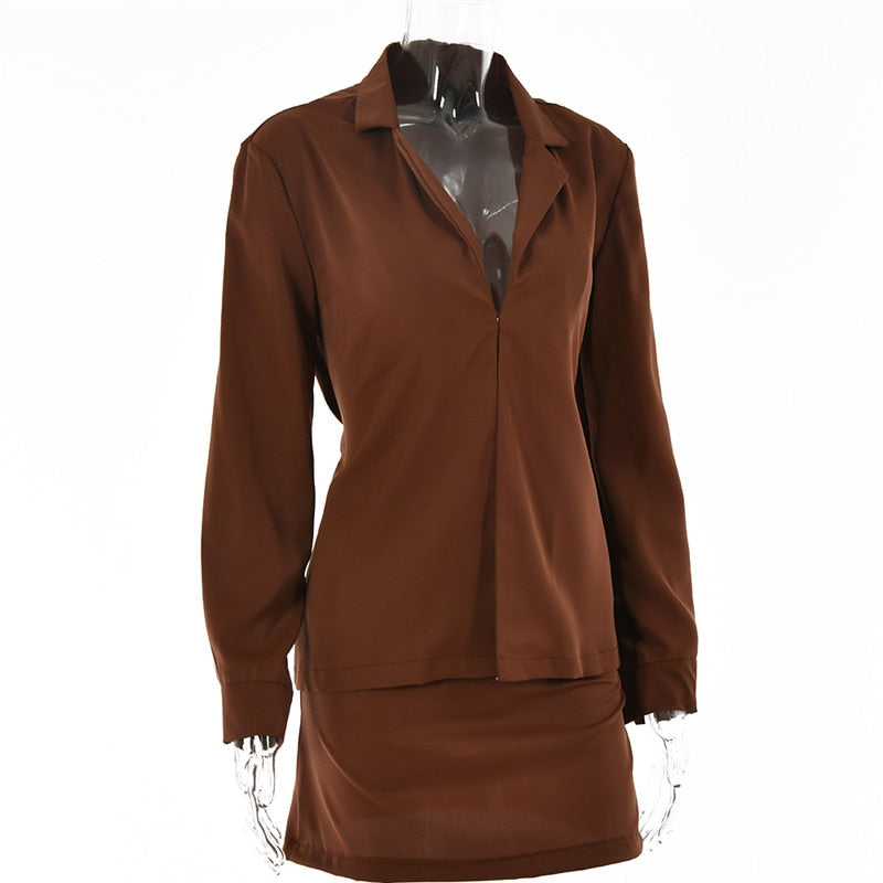 Brown long sleeve turn-down collar two-piece set with high waist skirt, perfect for office autumn wear by The Clothing Company Sydney