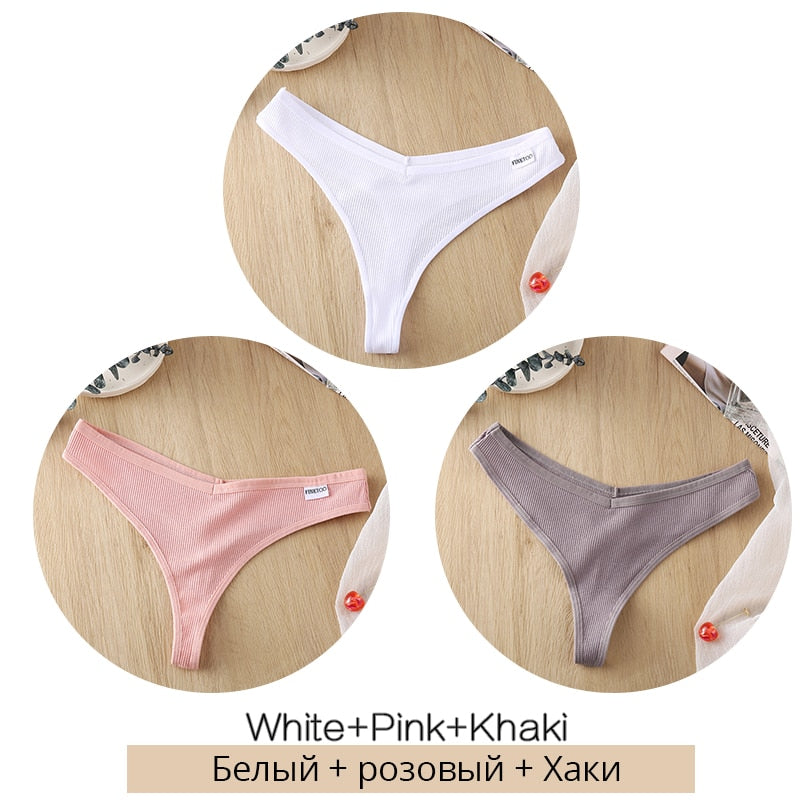 Set of three women's cotton mix thongs with low waist G-strings, breathable Brazilian lingerie from The Clothing Company Sydney.