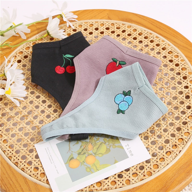Cotton fruit embroidery thong lingerie by The Clothing Company Sydney, G-string style with T-back design and colorful fruit embroidery.
