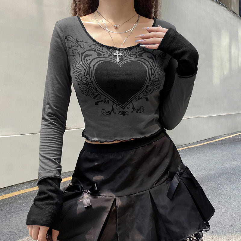 Dark academia gothic women's crop top with grunge retro heart print, perfect for autumn fashion by The Clothing Company Sydney
