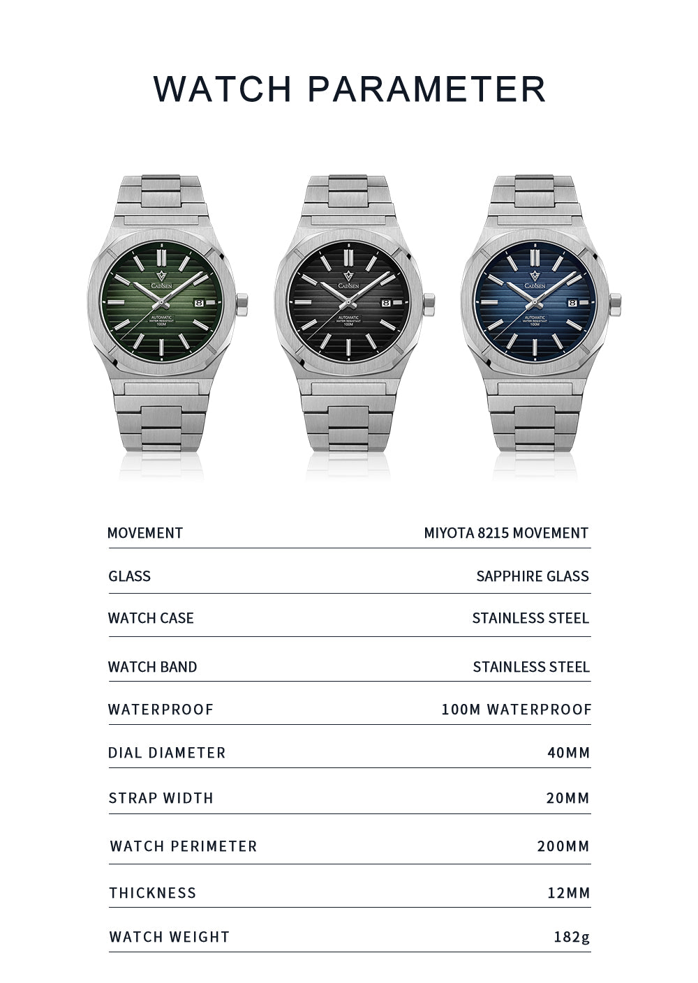 Cadisen men's diver watch with sapphire crystal, automatic Miyota 8215 movement, German design, stainless steel case, water-resistant 10 bar