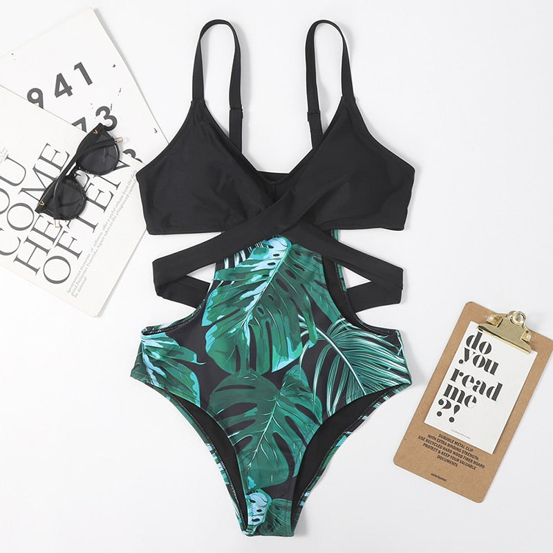 Printed one-piece bikini swimsuit by The Clothing Company Sydney with triangle stitching, push-up design, ideal for summer beachwear.